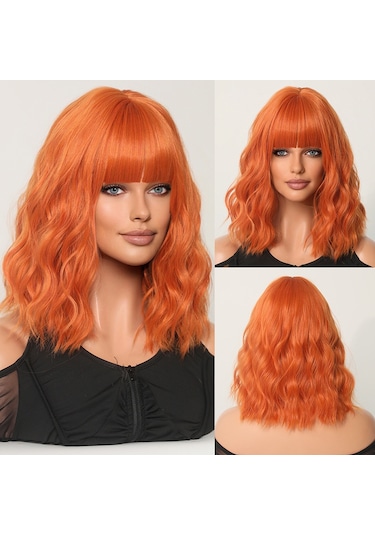 Turuncu Kısa Kıvırcık Kadın Peruk