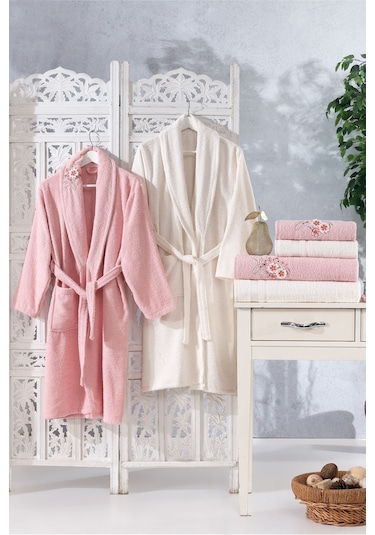 Family Nakışlı Pembe & Krem Aile Bornoz Seti 6 Parça Çeyizlik Kad