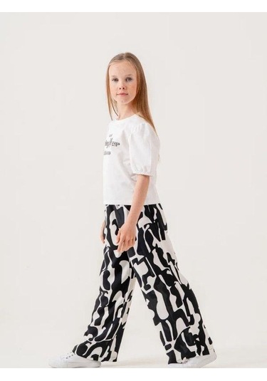 Kız Çocuk Pamuklu Desenli Pantolonlu Takım-15882 Beyaz