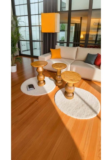 Rustik Mantar Sehpa Takımı 3 Lü Tik Renk Masif Ahşap Zigon Sehpa