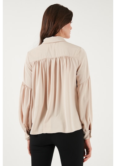 Lela Regular Fit Dikiş Detaylı Düz Yaka Balon Kol Bayan Gömlek 611Go00003 Taş