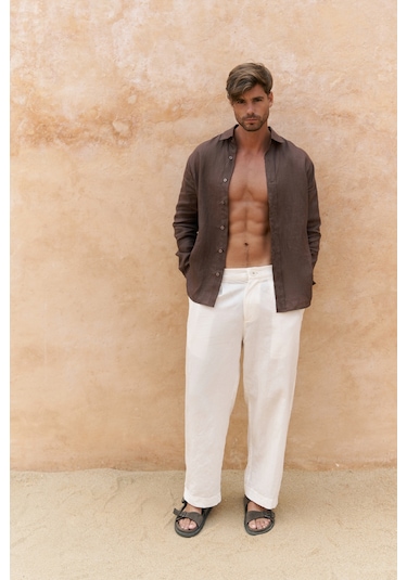 Fyfaha Bol Paça Erkek Ekru Keten Pantolon Ekru