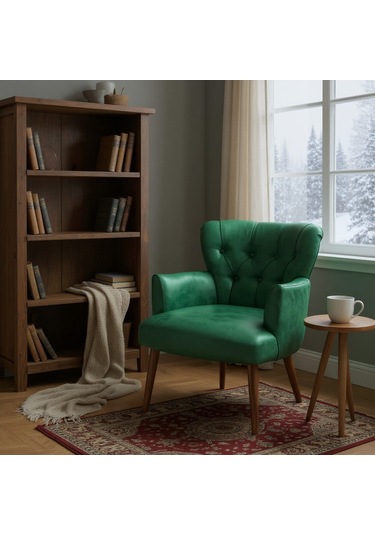 Roma Berjer - Modern Tekli Koltuk - Deri Kumaş - Yeşil