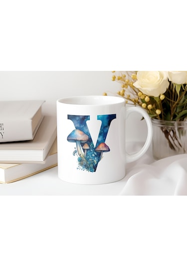 V Baş Harfi Fantastik Mantarlı Kupa Bardak - Kişiye Özel Masalsı Bardak - Hediye Beyaz