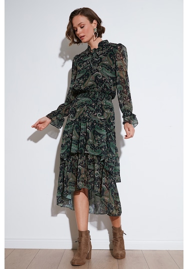 Lela Regular Fit Yaka Detaylı Volanlı Şifon Midi Bayan Elbise 611El1448 Yeşil Lela Regular Fit Yaka Detaylı Volanlı Şifon Midi Bayan Elbise 611El1448 Yeşil