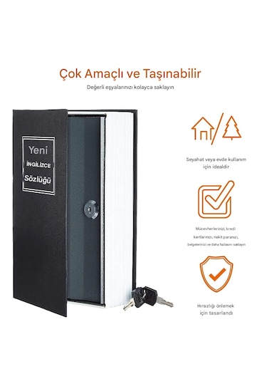 Kitap Görünümlü Altın Saklama Anahtarlı Çelik Mini Kasa Müchevher