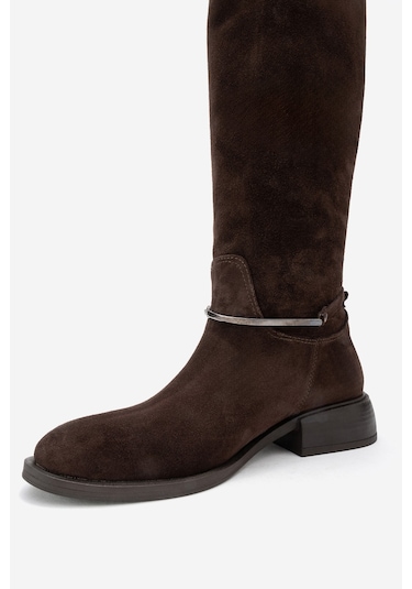 Ansel Kahverengi Süet Hakiki Deri Bilek Kayışlı Kadın Binici Çizme Kahverengi