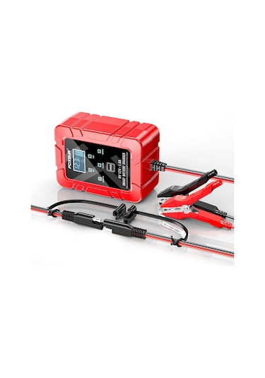 Yaozixa Foxsur 6v/12v Akıllı Otomatik Akü Şarj Cihazı 4-30ah, Lcd Ekranlı, Otomobil-motosiklet İçin, Tamir Ve Bakım, Kırmızı, Avrupa Standartı