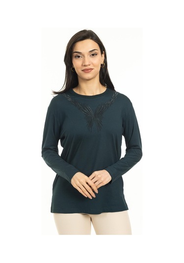 Yeni Sezon Kadın Orta Yaş ve Üzeri Yeni Desen Triko Yaka Likralı Anne Penye Bluz 30520-Yeşil