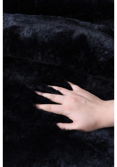 Dekoratif Tavşan Tüyü Ultra Yumuşak Peluş Yuvarlak Halı Siyah