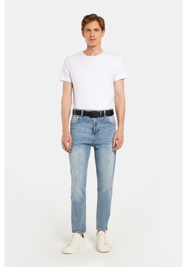 Erkek Straight Fit Bol Kesim Denim Yıkamalı Efektli Esnek Açık Mavi Jean Kot Pantolon-34493 Açık Mavi