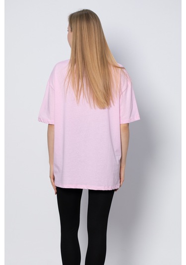 Bisiklet Yaka Oversize T-Shirt - Pembe-Pembe