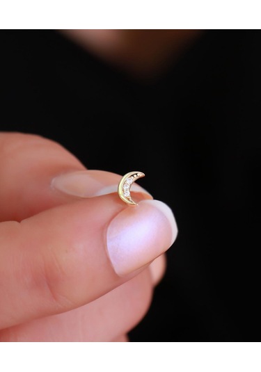 14 Ayar Altın Taşlı Hilal Tragus Piercing Sarı Altın