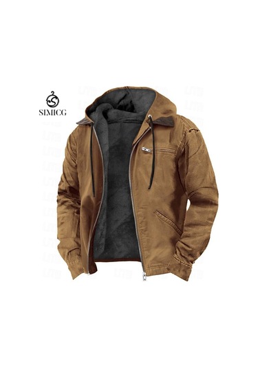 Düz Renk Kapüşonlu Pamuklu Gündelik Erkek Fermuarlı Cepli Ceket Kahverengi