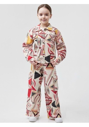 Kız Çocuk Etnik Desenli Tasarım Kot Ceket-13812 Kırmızı