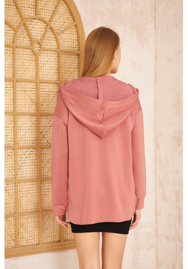 Kadın Scuba Kapüşonlu Arkası Uzun Salaş Rahat Kalıp Sweatshirt 3506230 Gülkurusu