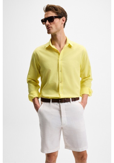 Lasse Erkek Gömlek Yaka Manşetli Uzun Kollu Regular Fit Keten Karışımlı Sarı Gömlek