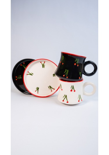 2 Li Takım Siyah Beyaz Kiraz Desenli El Yapımı Kazan Seramik Kahve Fincanı, Kahve Fincanı Beyaz