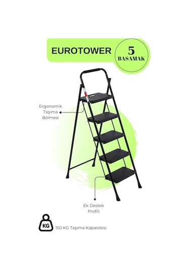 Eurotower 5 Basamak Özel Tasarım Geniş Basamaklı Siyah Merdiven 3+1