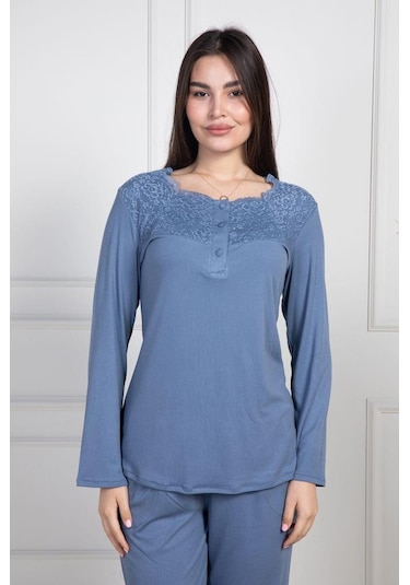 Mecit 6104 Bayan İndigo Büyük Beden Uzun Kollu Pijama Takımı İndigo