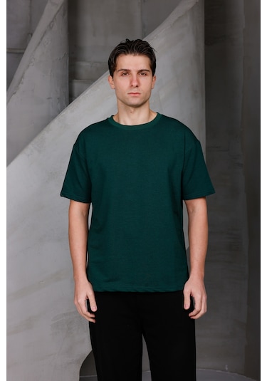 Erkek Basic Oversize Bisiklet Yaka 2 İki İplik Kompakt T-shirt Nefti