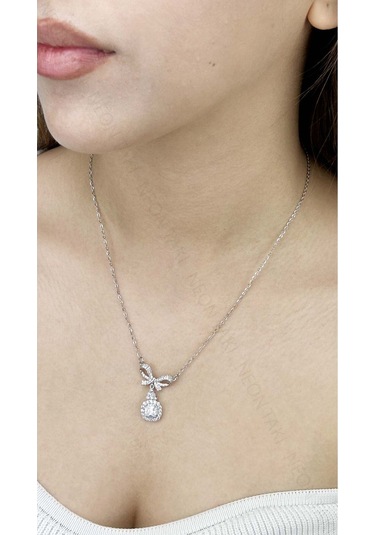 Zirkon Taşlı, Kurdela Figürlü, Tek Taşlı, Kolye 358, Paslanmaz Çelik Kolye Gümüş