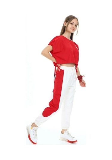 Kız Çocuk Yanları Şerit Detaylı Kargo Cepli Eşofman Altı-13738 Beyaz