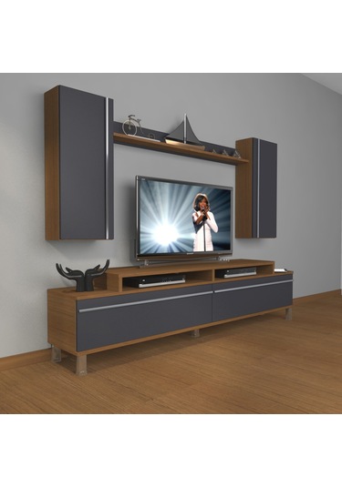 Decoraktiv Ekoflex 7 Mdf Krom Ayaklı Tv Ünitesi Tv Sehpası Ceviz - Antrasit