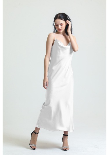 Magic Form 9790 Kadın Ekru Degaje Yaka Krep Saten Uzun Gecelik Ekru