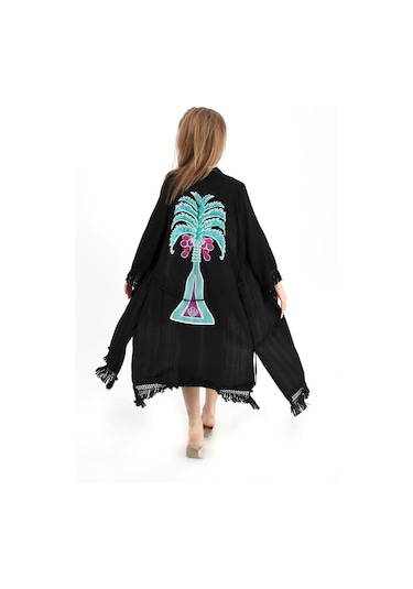 Kimono Palmiye Baskılı Püsküllü - Siyah-siyah Siyah