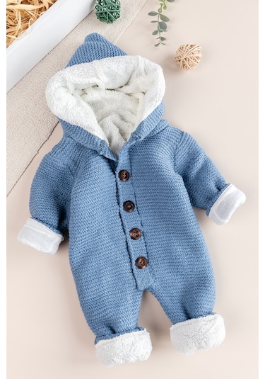 Triko Örme Welsoft Astarlı Kapüşonlu Kışlık Bebek Tulum mavi