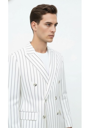 Plus Scorpion Beyaz Çizgili Erkek Kruvaze Blazer Ceket İtalyan Kesim, Modern Ve Zarif Şıklık Beyaz