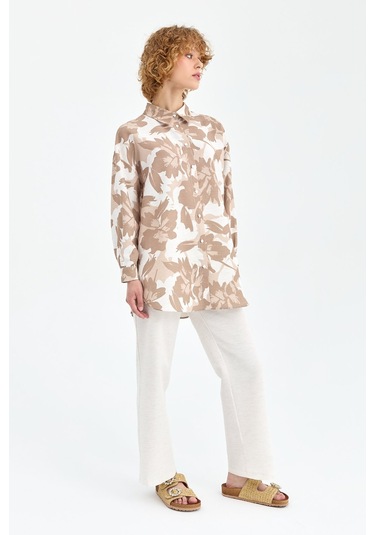 Yaprak Desenli Ferah Kumaş Pantolonlu Takım Bej Beyaz