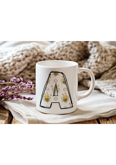 A Harfi Arı Desenli Kupa - Sevimli Hayvan Temalı Kişiye Özel Kahve Kupası - Şans Kupası Beyaz