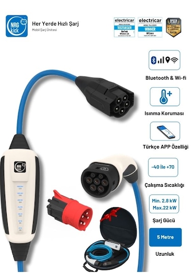 Çantalı Basic Plus 32a 22kw 5m Monofaze & Trifaze Wifi+bluetooth Ac Mobil Elektrikli Araç Şarj Wallbox 22 Kw