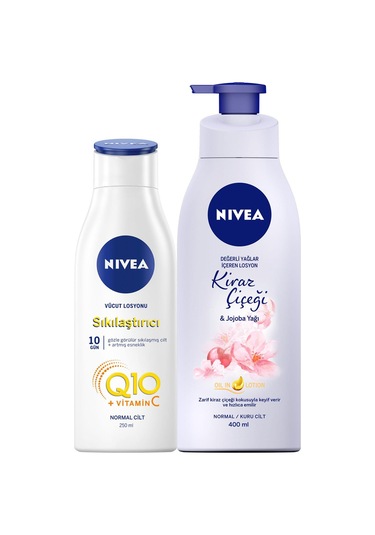 Nivea Q10 Sıkılaştırıcı Vücut Losyonu 250 ML +Kıraz Çiçeği&Jojoba Yağı Pump Losyon 400 ML