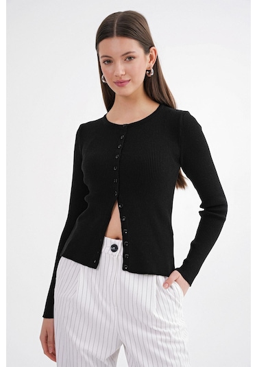 6931 Kadın Düğmeli Fitilli Triko Hırka Siyah Siyah