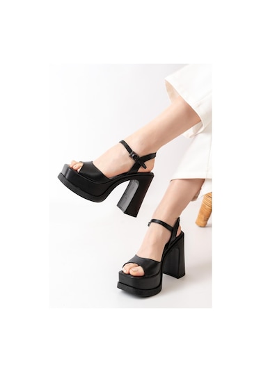 Asmi Shoes Kadın Tek Bantlı 12cm Platformlu Topuklu Ayakkabı Siyah Siyah