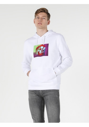 Colins Regular Fit Kapüşonlu Baskılı Beyaz Erkek Sweatshirt Cl1057312 Beyaz