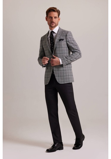 Erkek Gri Kışlık Yünlü Regular Fit Ekose Desenli Tek Ceket 001