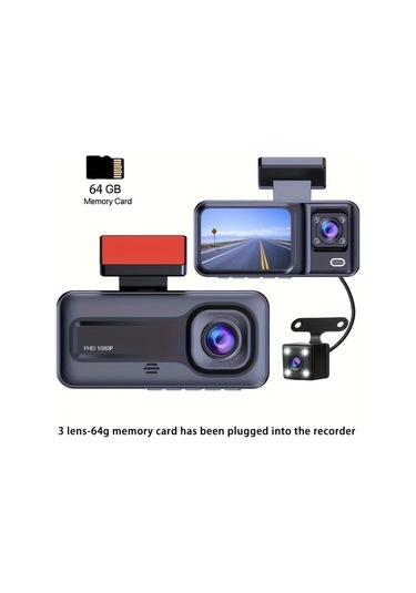 Xuweiwei 3 Channels 64gb Araç Dash Cam Ön Ve Arka Dahili Kamera Hd Gece Görüşü Döngü Kayıt Araç Dvr Siyah Kutu