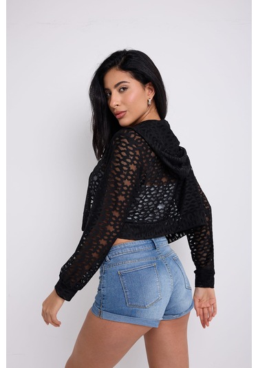 Kapuşonlu Dantel Bluz Siyah