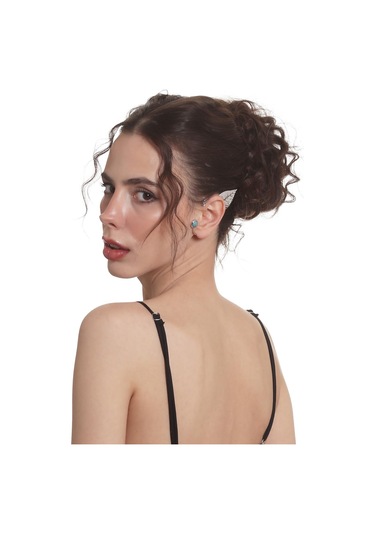 Kadın Gümüş Renk Lak Kaplama Taşlı Dokulu Yaprak Stilizesi Sol Kulak Earcuff & Kıkırdak Küpe Çok Renkli