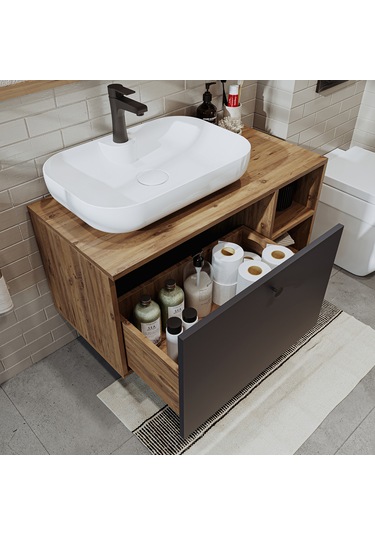 "lavabolu" Mdf 95 Cm Lotus Oval Lavabolu Banyo Dolabı Atlantik Çam - Antrasit