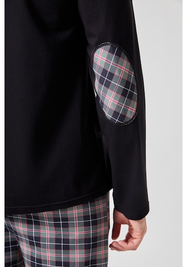 Erkek Pamuklu Uzun Kollu Yamalı Ekose Desenli Pijama Takımı Ko60104 Siyah - Kırmızı