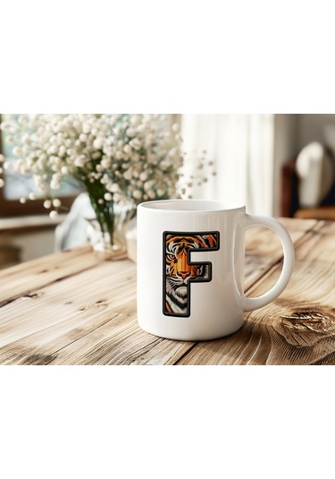 F Harfi Kaplan Figürlü Nakış Desenli Kupa Bardak - Kişiye Özel Vahşi Hayvan Desenli Kupa - Hediye Beyaz