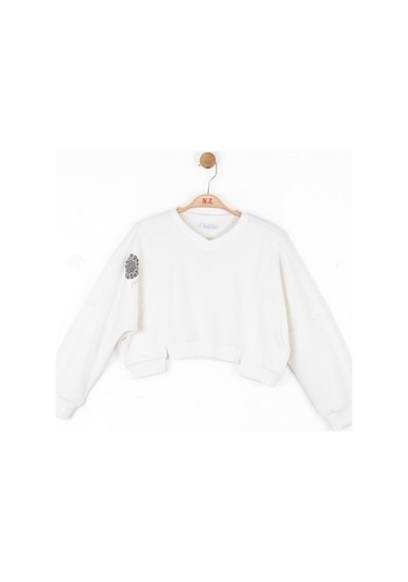 Kız Çocuk Pamuklu Triko Kumaş Karışımlı Sweathirt-14720 Ekru