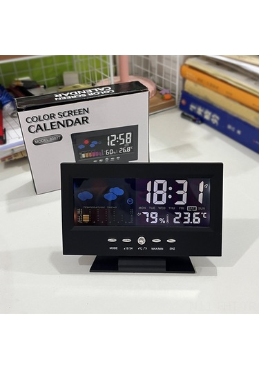Hangfox Ev İçin Sesiyle Kontrollü Hava Durumu Saati 8082t - Renkli Ekran, Sicaklık Nem Ölçer, Usb İle Siyah Ev Alarm Saati Siyah