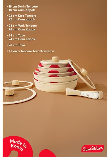Ceraware Hona XL 14 Parça Tak Çıkar Saplı İç İçe Geçebilen Seramik Yapışmaz Tencere Tava Seti Bej