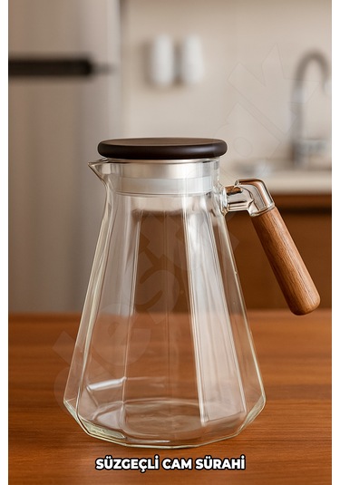 Süzgeçli Cam Sürahi - Akasaya Kapaklı Ve Saplı - Detoks Sürahisi - Contalı Kapak